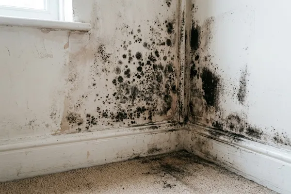 Black mould spreading across a wall corner, the kind that develops behind furniture placed against a cold wall