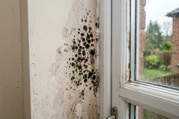 Black mould spots clustered in the corner of a window reveal on painted plaster