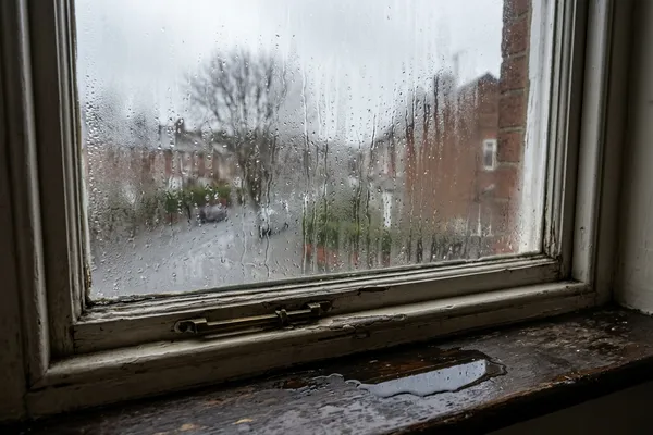 Heavy condensation on a window pane, water beading and running down the glass and pooling on the sill