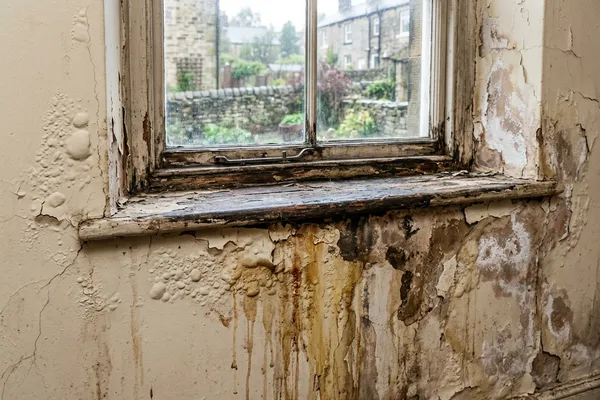 Watermark staining and bubbling, cracked paint on the wall beneath a window sill