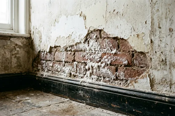 White, powdery salt deposits (efflorescence) on a brick wall near the base, where plaster has come away