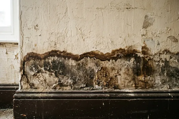 A horizontal brown tide mark and water staining low on an interior wall, above the skirting board